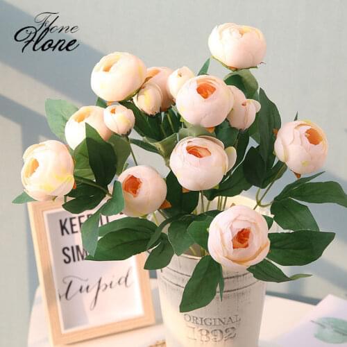 Flone Artificial 15 Head Tea Rose High Quality Silk Fake Flowers Bouquet 55cm Wedding Living Room Pation Decoration Accessories