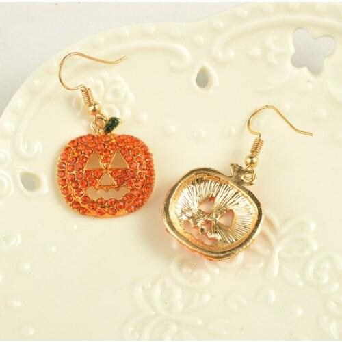 Crystal Smiling Face Pumpkins Drop Earrings Jack O Lantern Halloween Jewelry