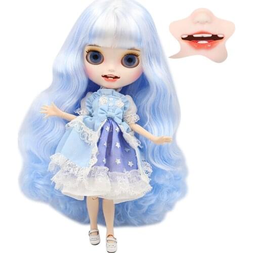 ICY DBS Blyth doll white skin Carved lips Open mouth Matte customized face joint body White mixed Blue hair NO.1366005