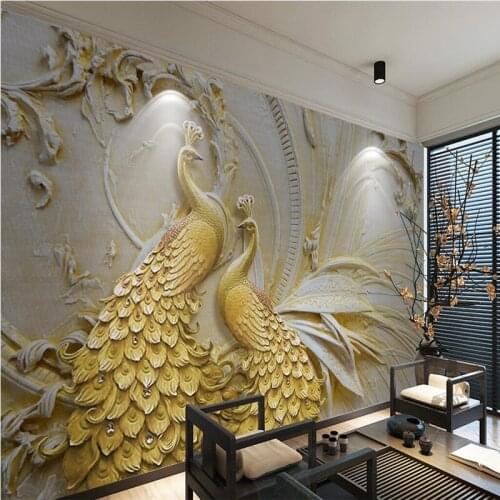 Beibehang Large mural wallpaper bespoke any size photo 3D three-dimensional embossed golden peacock background wallpaper