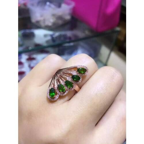 Natural green diopside gem Ring Natural gemstone Finger ring S925 sterling silver trendy Elegant feather women girl gift Jewelry