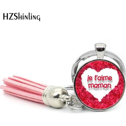 2017 New Trendy Je Suis une Super mamie Tassel Key Chains Women Jewelry Je't aime MAMAN Gift Glass Dome Pendant Keyring