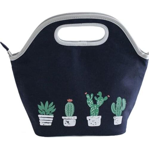 Cactus Pattern Thick Canvas Lunch Bag Portable Insulation Picnic Storage Pouch