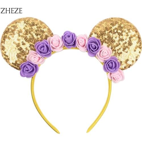 1PC 2021 New Rose Flower Mouse Ears Glitter Headband Female Fashion Sequined Hairband Girl Princess Festival Hair Accessory