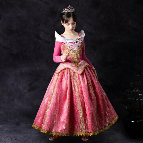 Ruifglasb Princess Sleeping Beauty dresses children baby Lace dress Girls long dress Up Flower Pink Ball Gown Show