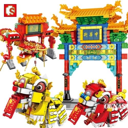 SEMBO MOC Creative Chinese New Year Dragon Lion Dance Architecture Figures Building Block Children DIY Toys Kid Birthday Gift