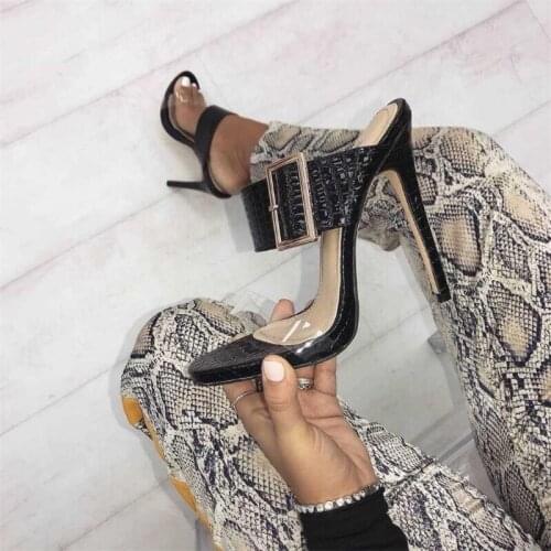 Summer Women Slippers Sexy Thin Heels Sandals Woman High-Heeled Women Slides Shoes PVC Rome Buckle Snake pattern Black Sandals
