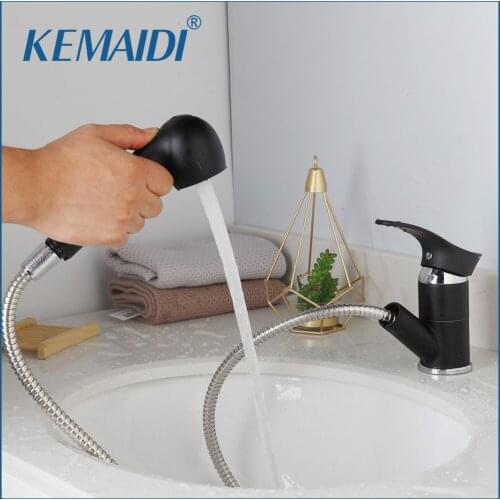 KEMAIDI Black Basin Faucet Pull Out Bathroom Sink Faucet Single Handle Waterfall Bathroom faucet Cold and Hot Water Sink Mixer