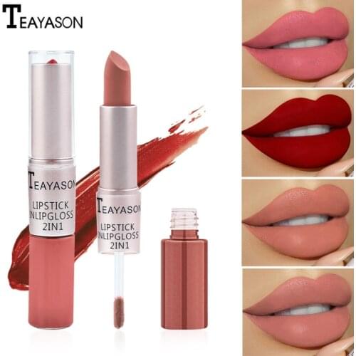 TEAYASON New Double Head 2-in-1 Lasting Matte Bean Paste Color Matte Lip Gloss Liquid Lipstick Lip Tint Makeup Lips Liner TSLM1
