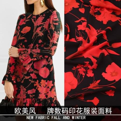 Show clothing printing fabric high-end black background red flower skirt handmade DIY custom fabric new 2020 spring and summer