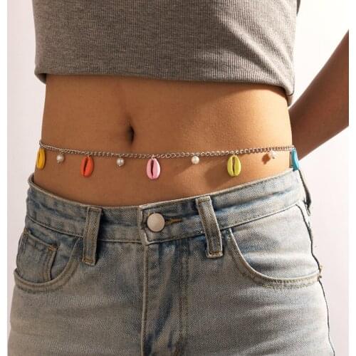 HuaTang Summer Colorful Shell Pendant Body Chain for Women Charming Pearl Tassel Adjustable Bohemian Jewelry Beach Vacation Gift
