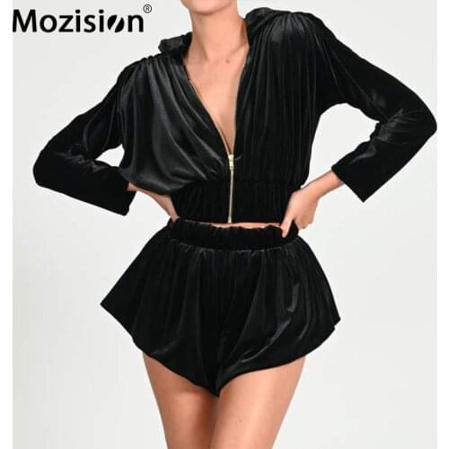 Mozision Velvet Two Piece Set For Women Zipper Hooded Coat Elastic Waist Shorts Sets Ladies 2021 Spring Sexy Female Set Fashion