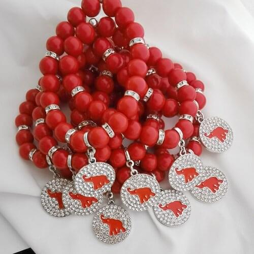 Greek Sorority Red Elephant Detal Elastic Rhinestone Stone Beaded Bracelet