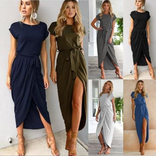 2019 Summer Womens Bohemian Beach Dresses Personality Slim Tunic Long Casual Short-Sleeved Waistline Asymmetrical Vestidos
