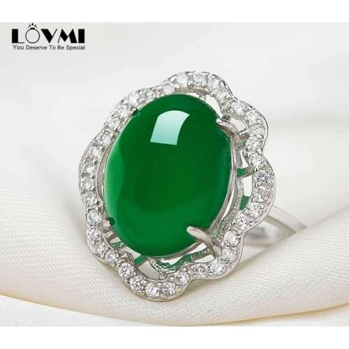 Vintage Natural Emerald Jade Green Stone Women Ring 925 Silver Flower Shape Oval Gemstone Wedding Finger Jewelry Open Rings Gift