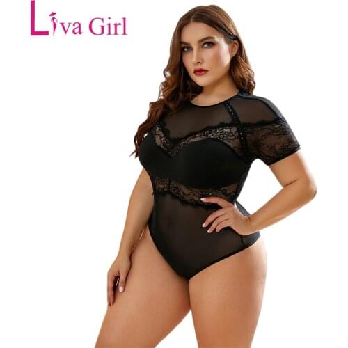 LIVA GIRL Plus Size Floral Lace Short Sleeve Bodysuit Women Bodycon O-neck Hollow Out Mesh Sexy Bodysuits Female Body Tops 5XL