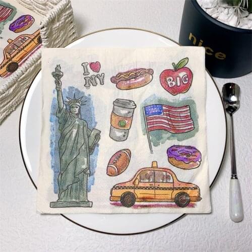 20Pcs/Pack Rugby Statue of Liberty Decoupage Paper Napkins Hot Dog Apple Donuts Paper Tissues for Kids Birthday Party Decoration