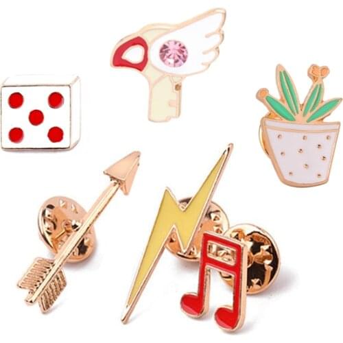 Arrow Lightning Music Note Dice Potted Plants Wings Enamel Brooch Pins Denim Clothes Hat Shirt Men Women Brooches Hot Sale