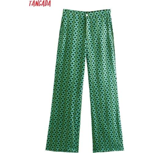 Tangada Fashion Women Green Print Suit Pants Trousers Vintage Style Pockets Buttons Office Lady Pants Pantalon 8Y182