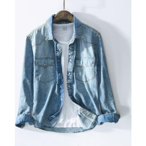 New Arrive Washed Vintage Light Blue Denim Shirts Slim Mens Spring Cotton Shirt Handsome Casual Jeans Tops for Man Dropshipping