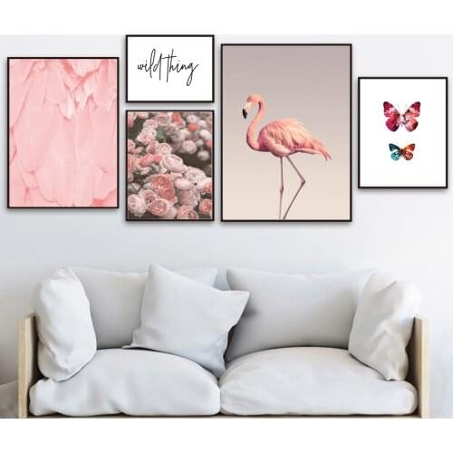 Flamingo Feather Flower Butterfly Wall Art Canvas Painting Nordic Posters And Prints Wall Pictures For Living Room Bedroom Decor