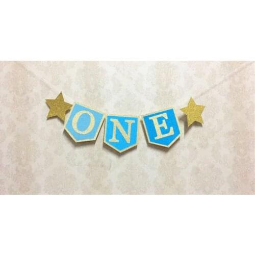 New design Hot sale Blue ONE Banner Boy Highchair bunting photo props 1st birthday Deco Twinkle Gold Star First Party Decoration