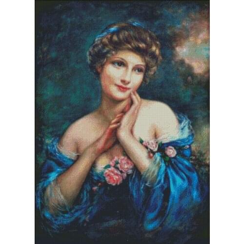 Oil Painting-Lady Blue Sewing Top Quality Embroidery Needlework 14CT Unprinted Cross Stitch Kits DIY Arts Handmade Home Decor