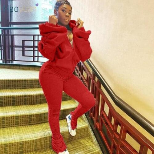 HAOYUAN Sexy Tracksuit Two Piece Set Puff Sleeve Off Shoulder Top+Stacked Pants Suit Fall Clothing for Women Club Matching Sets