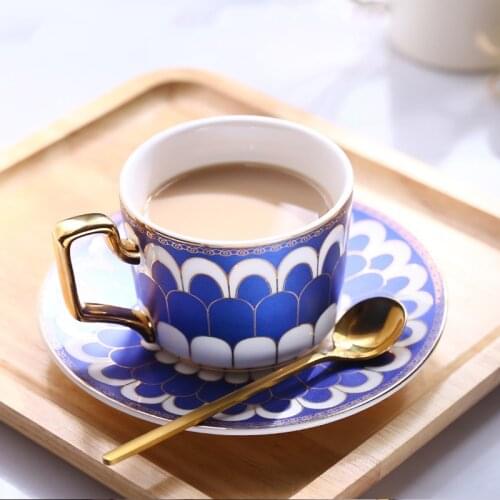 Blue Color Mug Bone Chinese Cup Multi-style Simple Ceramic Coffee Cup and Sauce Plate with Pattern Set with Box