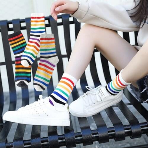 Cute Rainbow Striped Socks Girls Cotton Loose Crew Socks Colorful Women Kid Harajuku Designer Retro Sport Socks Christmas Socks