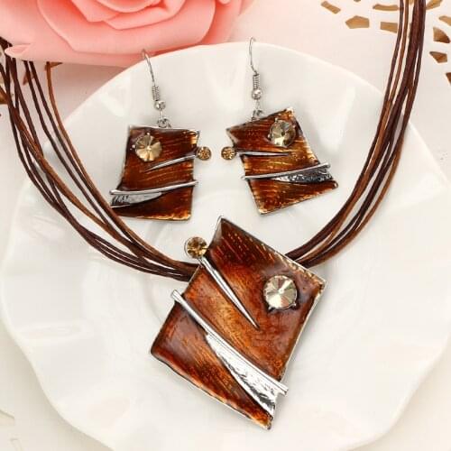 Retro brown color multi-layer chain geometric pattern pendant necklace earrings for women wedding bridal jewlery sets wholesale