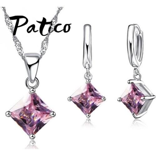 Newest 8 Colors Jewelry Sets Women Quadrilateral 925 Sterling Silver CZ Crystal Necklace/Earrings Jewelry Wholesale