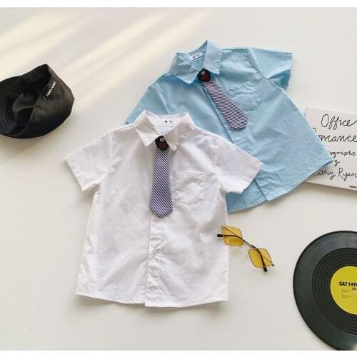 Boys College Style White Shirt 2021 Summer New Korean Style Tie Shirt Baby Boys Short-sleeved Lapel Top Tees Kids Solid Shirt