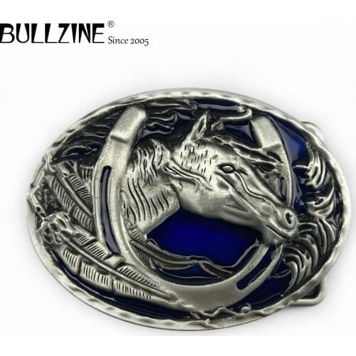 The Bullzine wholesale horse belt buckle with pewter finish FP-02213-1 suitable for 4cm width snap on belt