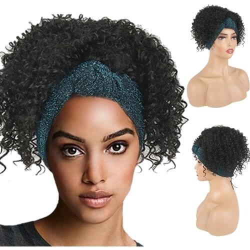 Drawstring Headwrap Wig Synthetic Short Kinky Curly Turban Wrap-wig 2 in 1 Afro Puff Headband Updo Wig for African American