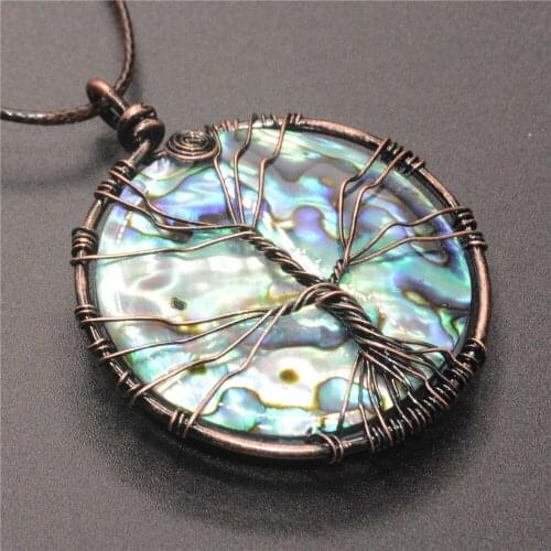 Retro Classic Fashion Natural Rainbow Abalone Shell Round Shape Necklace Pendant Sweater Chain Wire Wrap Exquisite Gift Y641