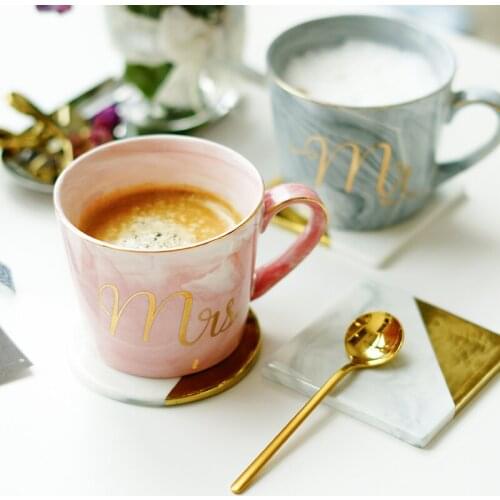 Luxury Marble Ceramic Mugs Gold Plating MRS MR Couple Lovers Gift Morning Mug Milk Coffee Tea Breakfast Creative Porcelain Cup