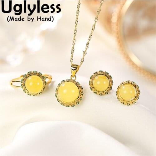 Uglyless 1Set Green Zircons Crystals Floral Jewelry Set for Women Amber Beeswax Studs Earrings Rings Necklaces 925 Silver +Chain