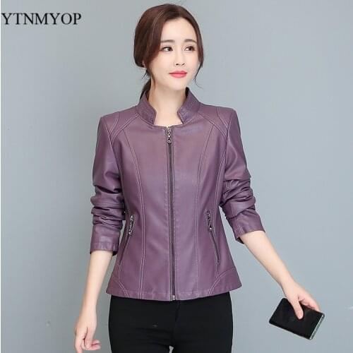 Women Leather Clothing 2020 Slim Purple Female Leather Coat Plus Size S-4XL Short Zipper Spring And Autumn Jackets Outerwear