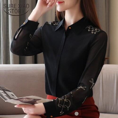 Fashion New 2021 Spring Long Sleeve Black Silk Chiffon Shirt Womens Embroidered Solid Cardigan Blouse Women Ladies Tops 8524 50