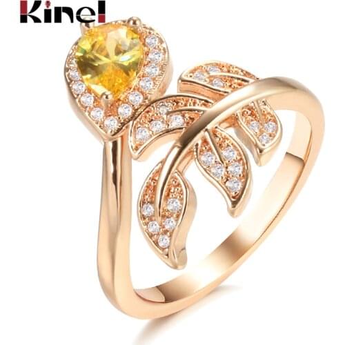 Kinel Yellow Natural Zircon 585 Rose Gold Ring Hollow Crystal Flower Ethnic Bride Wedding Rings for Women Vintage Fine Jewelry