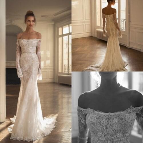2020 Lace Wedding Dresses Off Shoulder Long Sleeves Appliques Bohemian Bridal Gowns Boho Sexy Backless Wedding Dress