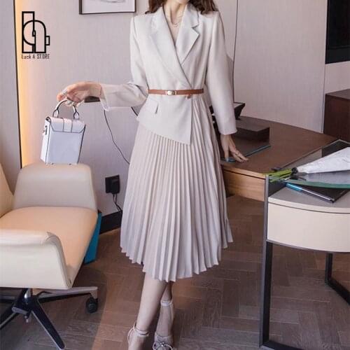 2021 Elegant Korean Fashion Woman Lapel Suit Fake Two-piece Dress +Belt High Quality Office Lady Long Vintage Pleated