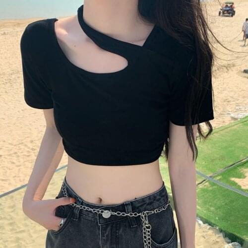 2021 Summer T-shirt Short sleeve Sexy Women Girls Crop Top Tee Shirt Casual Slim Black Hollow Hot Female T shirt