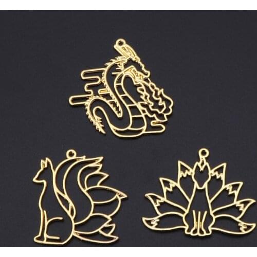 4Pcs Fox Dragon Open Bezel Charm Metal Frame Hollow Pendant UV Resin Jewelry DIY New Drop Shipping