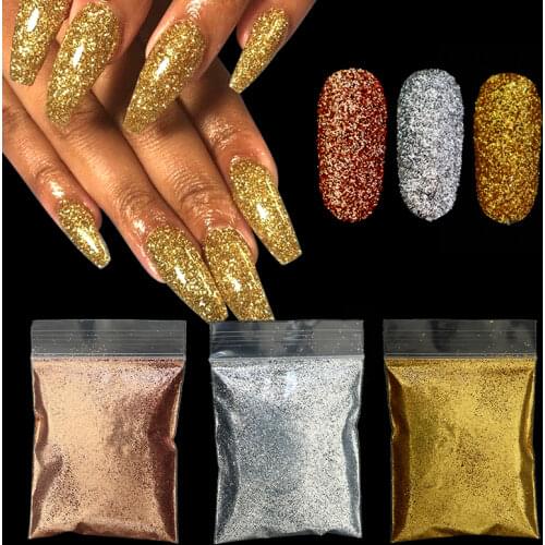10g Gold Silver Shiny Nail Glitter Powder Flakes Dust Sparkly 0.2mm Sequins Chrome Pigment Polish Manicure Nail Art Decorations