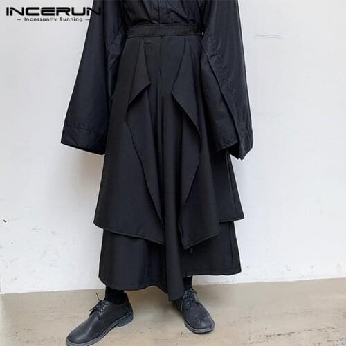 INCERUN Fashion Men Wide Leg Pants Punk Joggers Solid Elastic Waist Irregular Skirts Trousers Men Streetwear Loose Pantalon 2021
