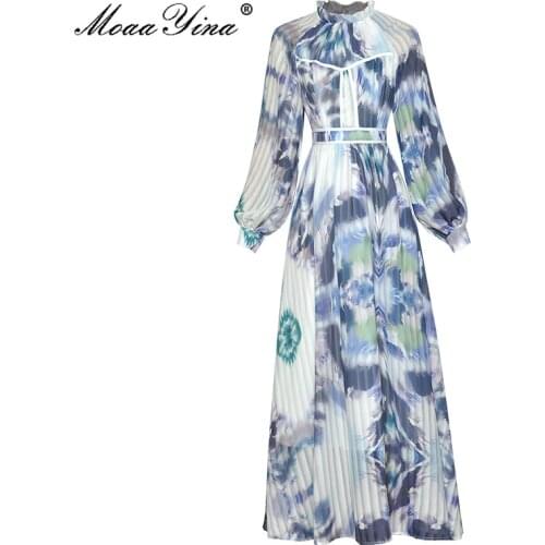 MoaaYina Fashion Designer Autumn Midi Dress Womens Lantern sleeve Tie-dye Stripe Printed Elegant Vacation Dress