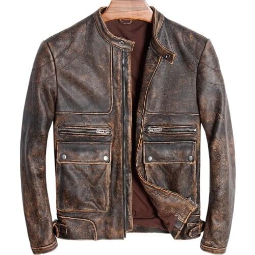 Vintage Real Leather Coat For Men Old Fashion Cowskin Leather Jackets European and American Style Natural Leather Clothing AA04