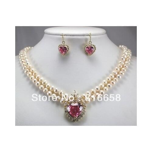 New coming! 2 row white pearl necklace + heart pink zircon pendant earring set